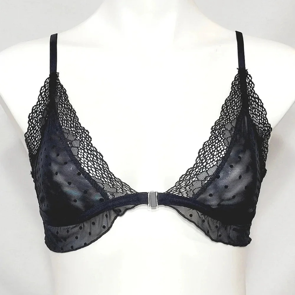 XS X-SMALL Xhiliration Flocked Dot Ruffle Wire Free Lace Bralette Black NWT New